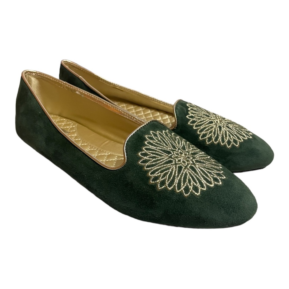 Birdies Shoes Womens 7.5 Green Velvet Flats Slipper Goldfinch Gold Embroidered